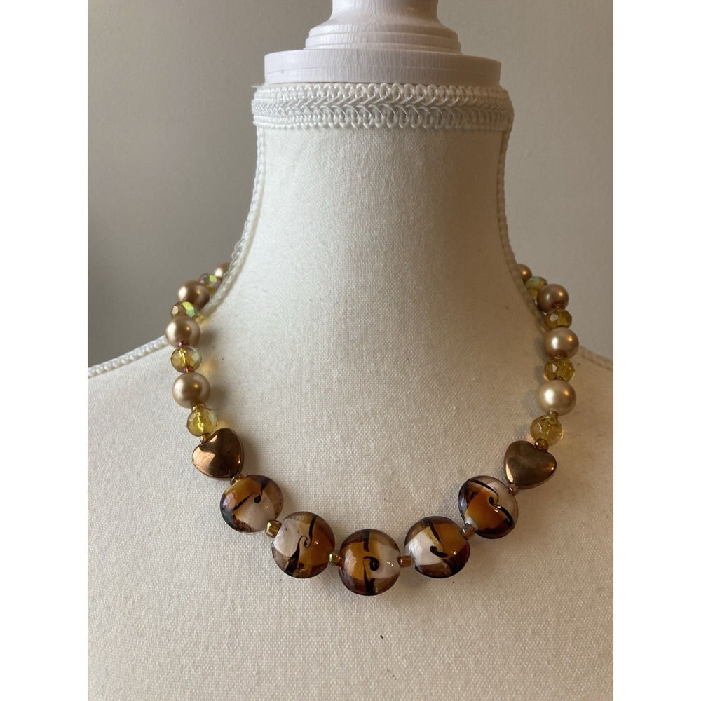 Vintage Artisan Lampwork Glass Bead Necklace Gold Faux Pearl Collar Puffy Hearts
